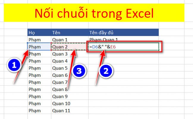 Học tin học văn phòng cấp tốc tại Thanh Hóa Cách nối chuỗi trong Excel Trong quá trình làm việc với chuỗi trong Excel chắc hẳn bạn sẽ có lúc cần nối các chuỗi lại với nhau. Nếu bạn chưa biết cách nối chuỗi trong Excel vậy thì các bạn hãy cùng tham khảo các cách nối chuỗi trong Excel mà bài viết chia sẻ dưới đây. Bài viết dưới đây hướng dẫn các bạn hai cách nối chuỗi trong Excel đó là sử dụng toán tử & và nối chuỗi sử dụng hàm CONCATENATE.