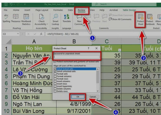 Học tin học văn phòng tại Thanh Hóa Bạn muốn bảo vệ trang tính trong excel bằng cách khóa công thức, hãy tham khảo cách làm sau đây nhé!Bước